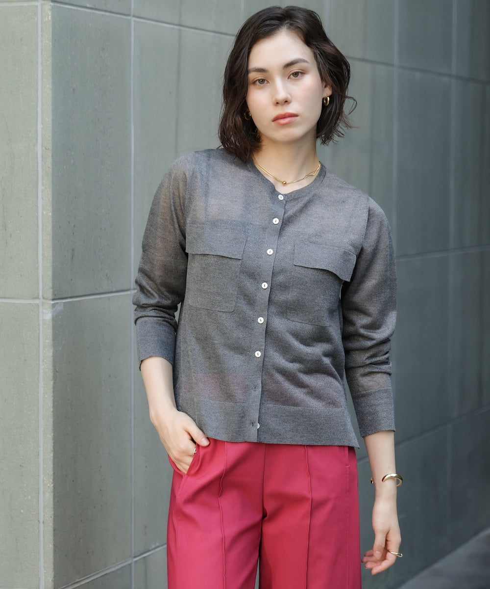 胸フラップポケットシアーニットカーディガン