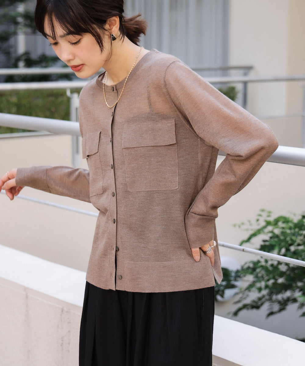 胸フラップポケットシアーニットカーディガン