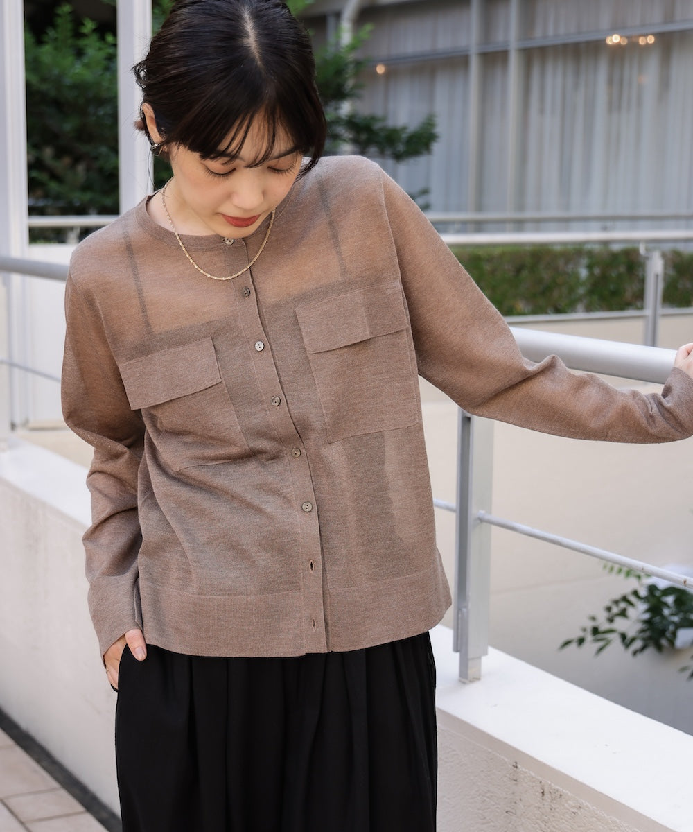 胸フラップポケットシアーニットカーディガン