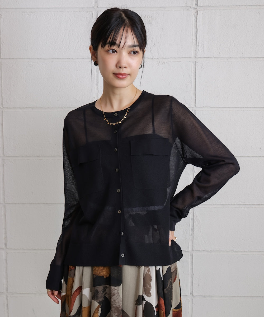 胸フラップポケットシアーニットカーディガン