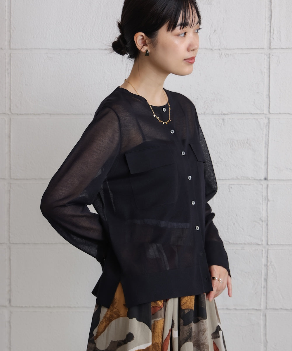 胸フラップポケットシアーニットカーディガン