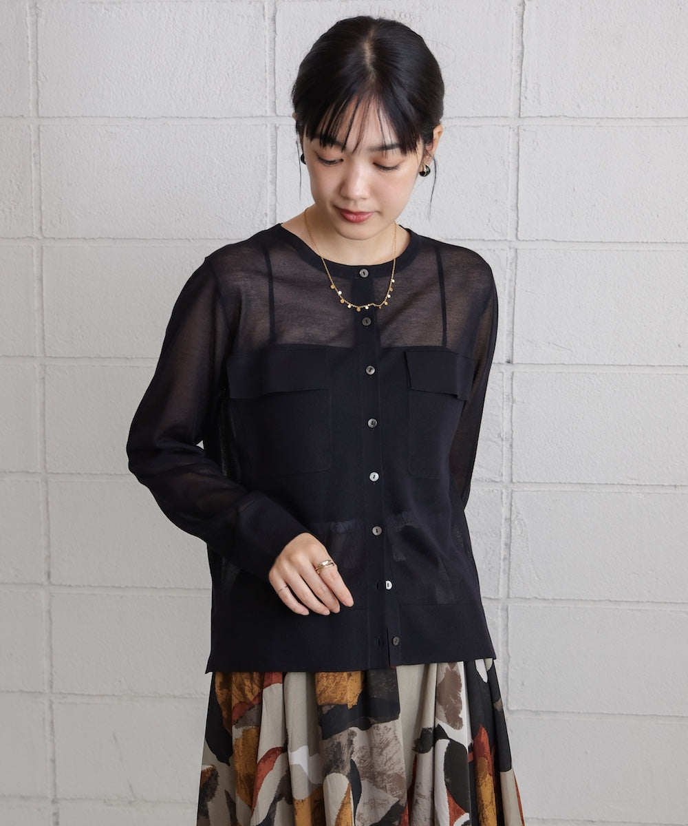 胸フラップポケットシアーニットカーディガン