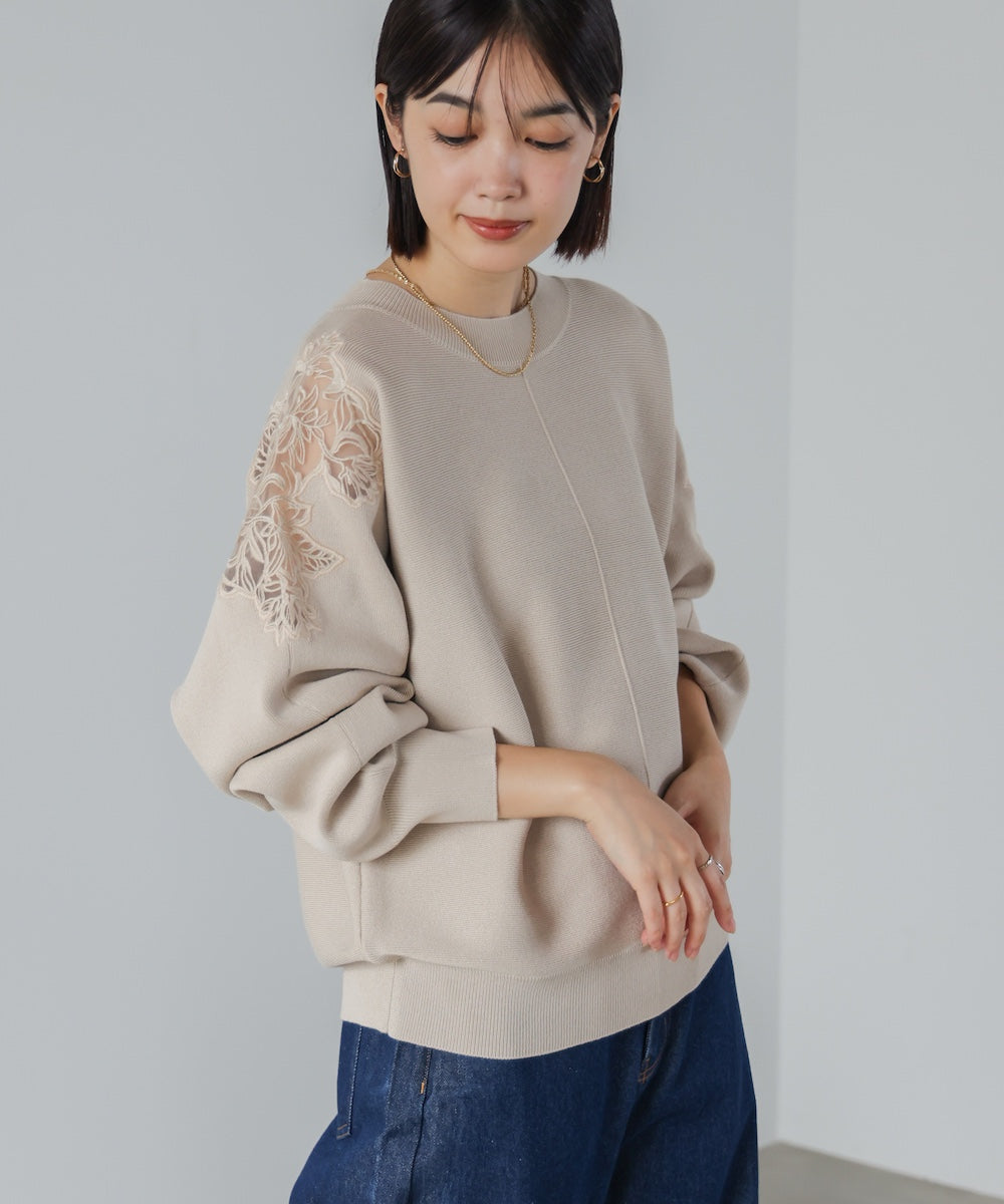 肩レースドルマンニットプルオーバー