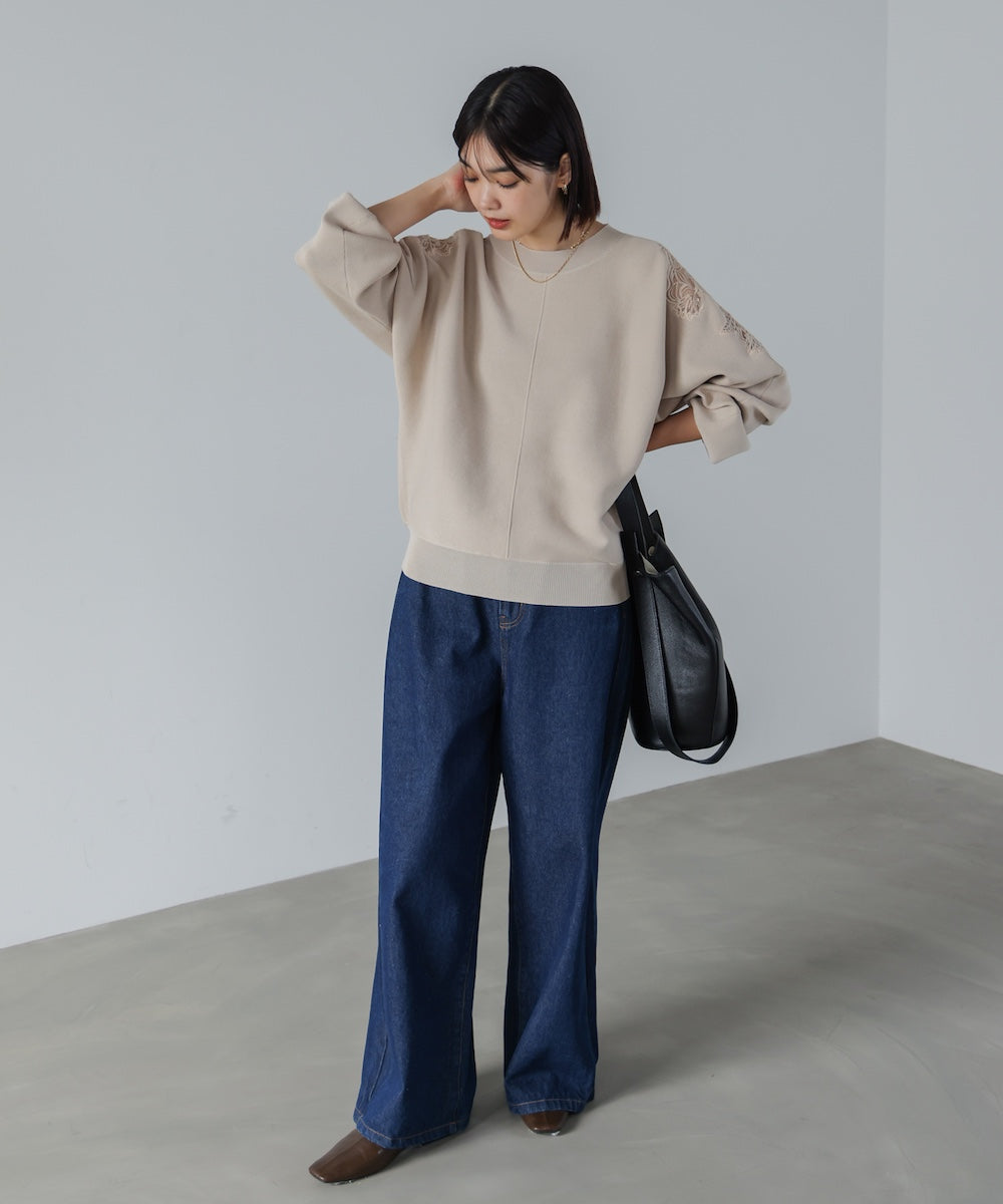 肩レースドルマンニットプルオーバー