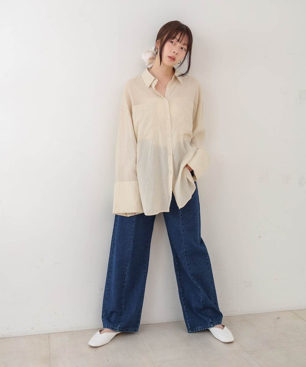 ワイドカフスワンポイント刺繍シアーシャツ