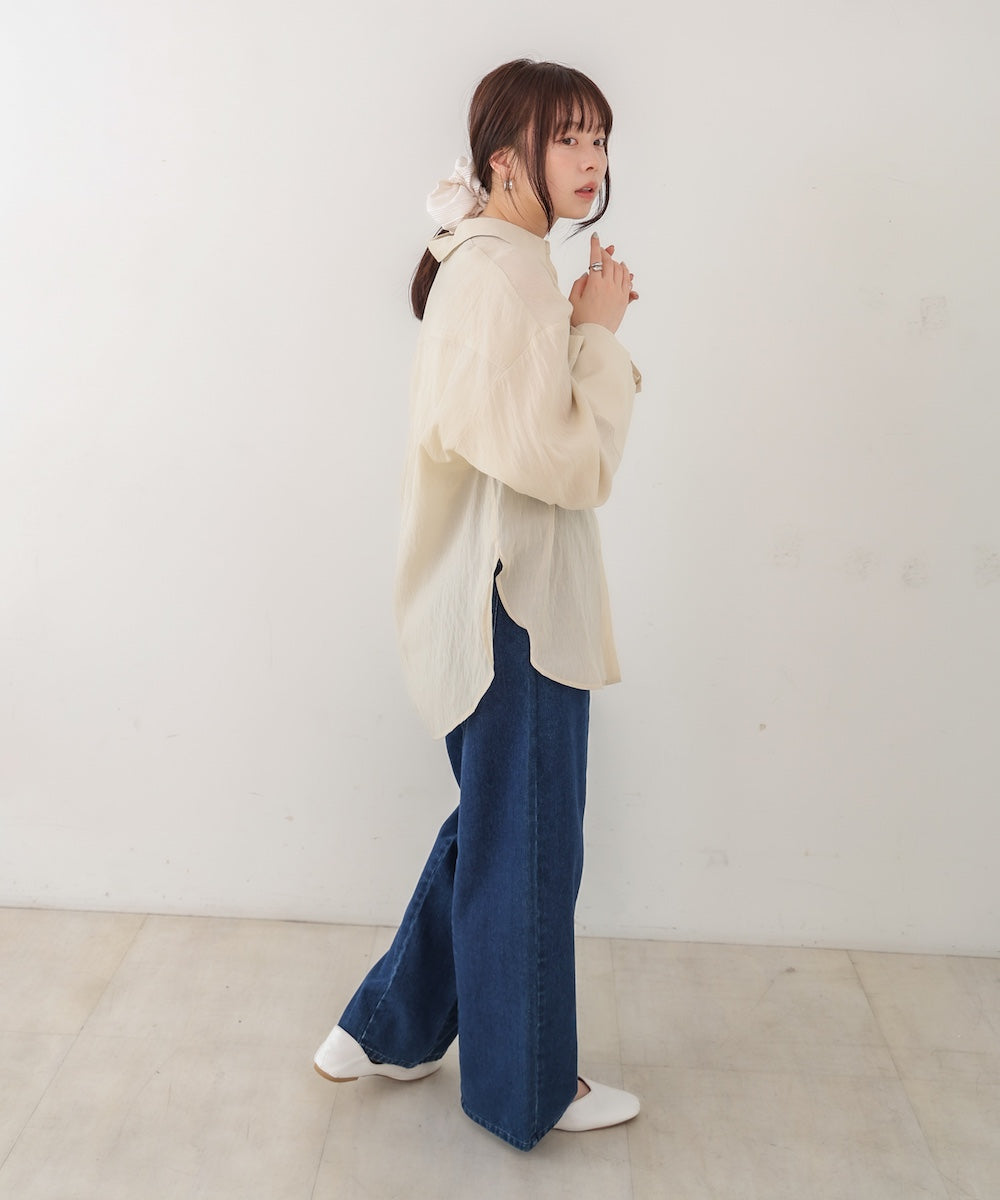 ワイドカフスワンポイント刺繍シアーシャツ