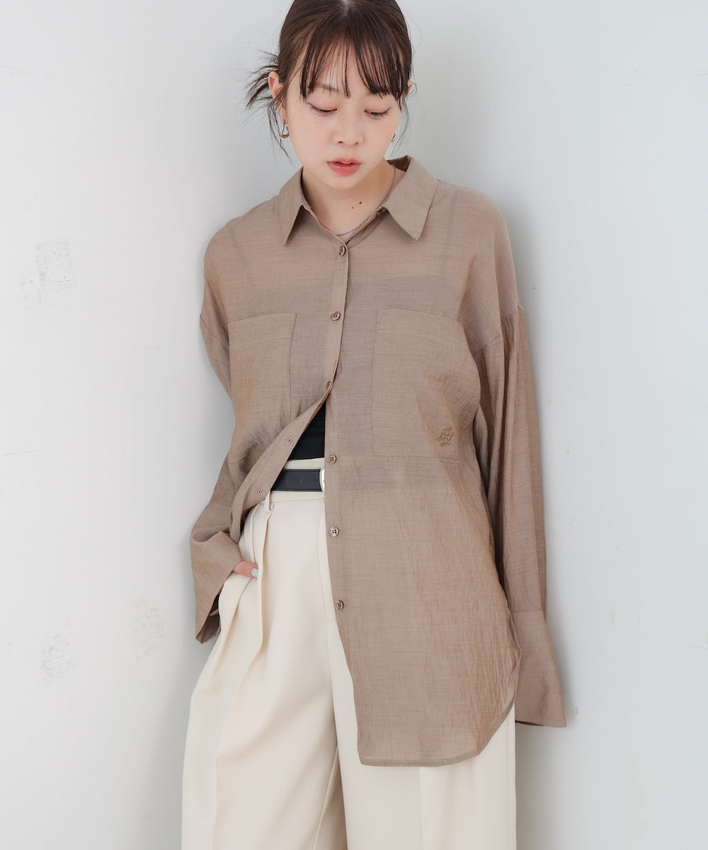 ワイドカフスワンポイント刺繍シアーシャツ