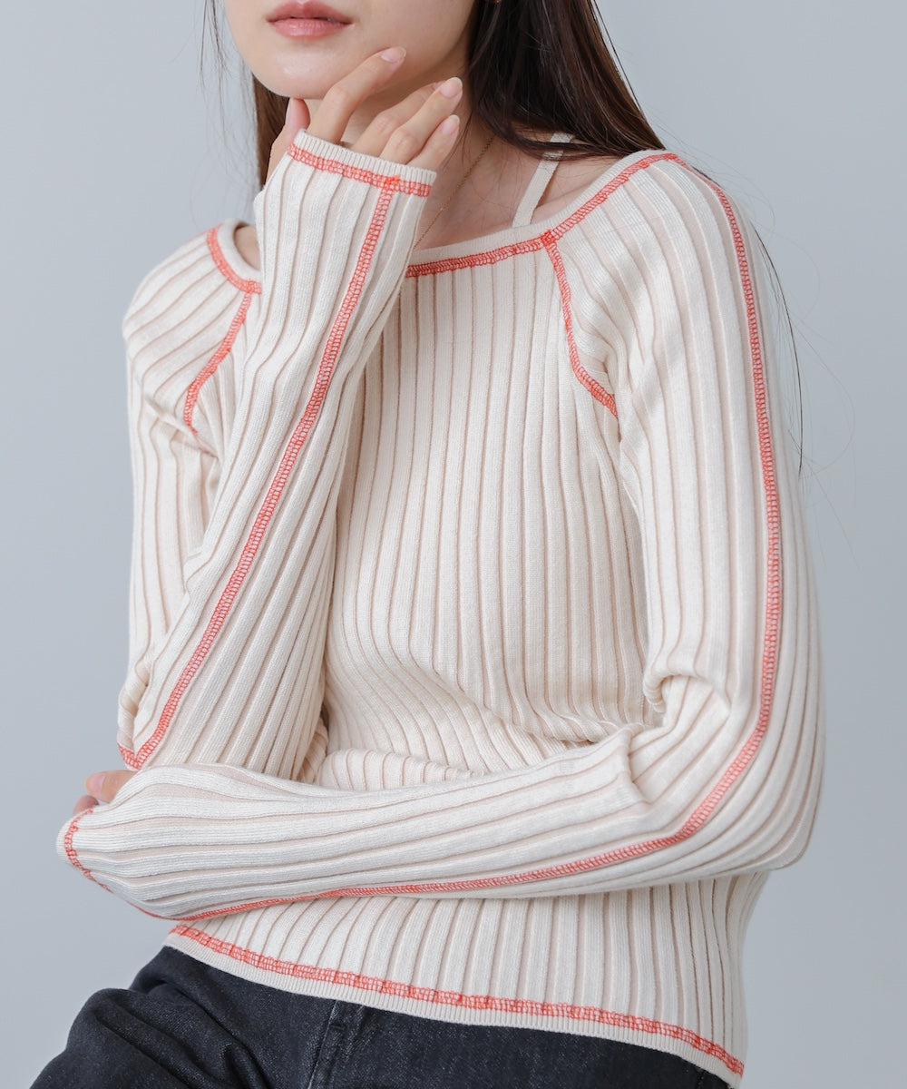 配色ステッチスクエアネックニットトップス