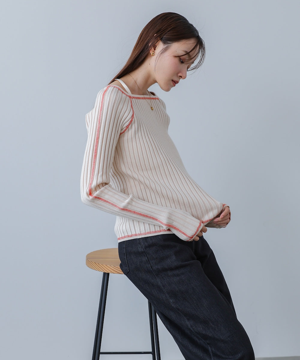 配色ステッチスクエアネックニットトップス