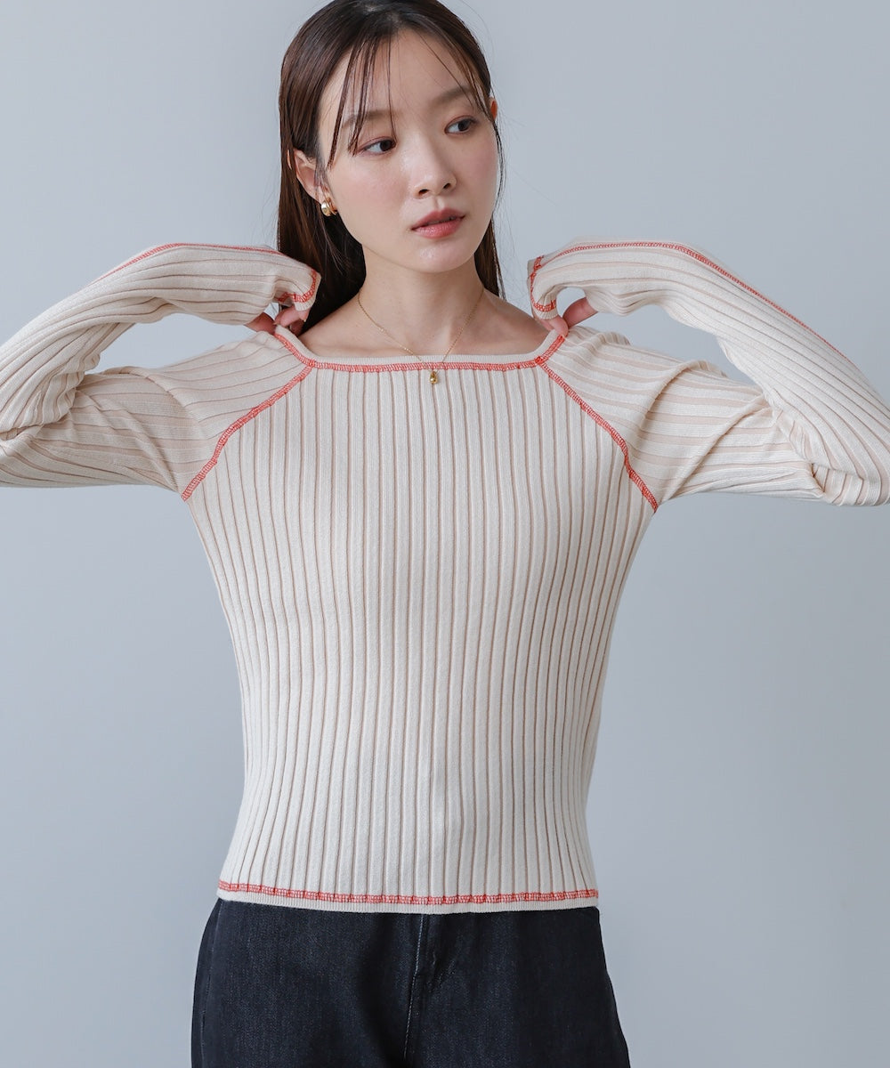 配色ステッチスクエアネックニットトップス