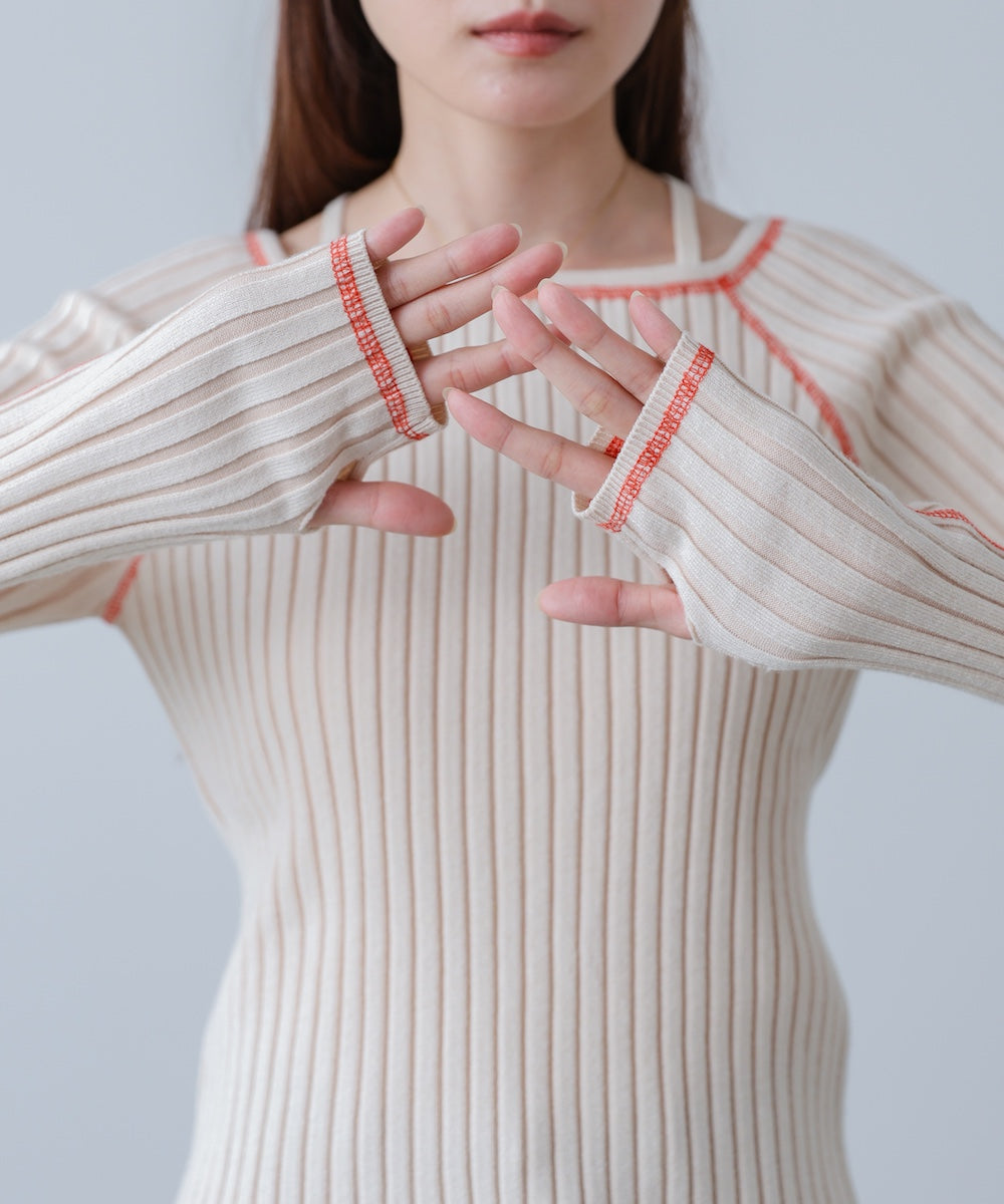 配色ステッチスクエアネックニットトップス