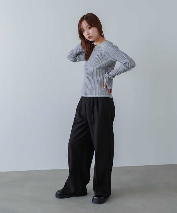 配色ステッチスクエアネックニットトップス