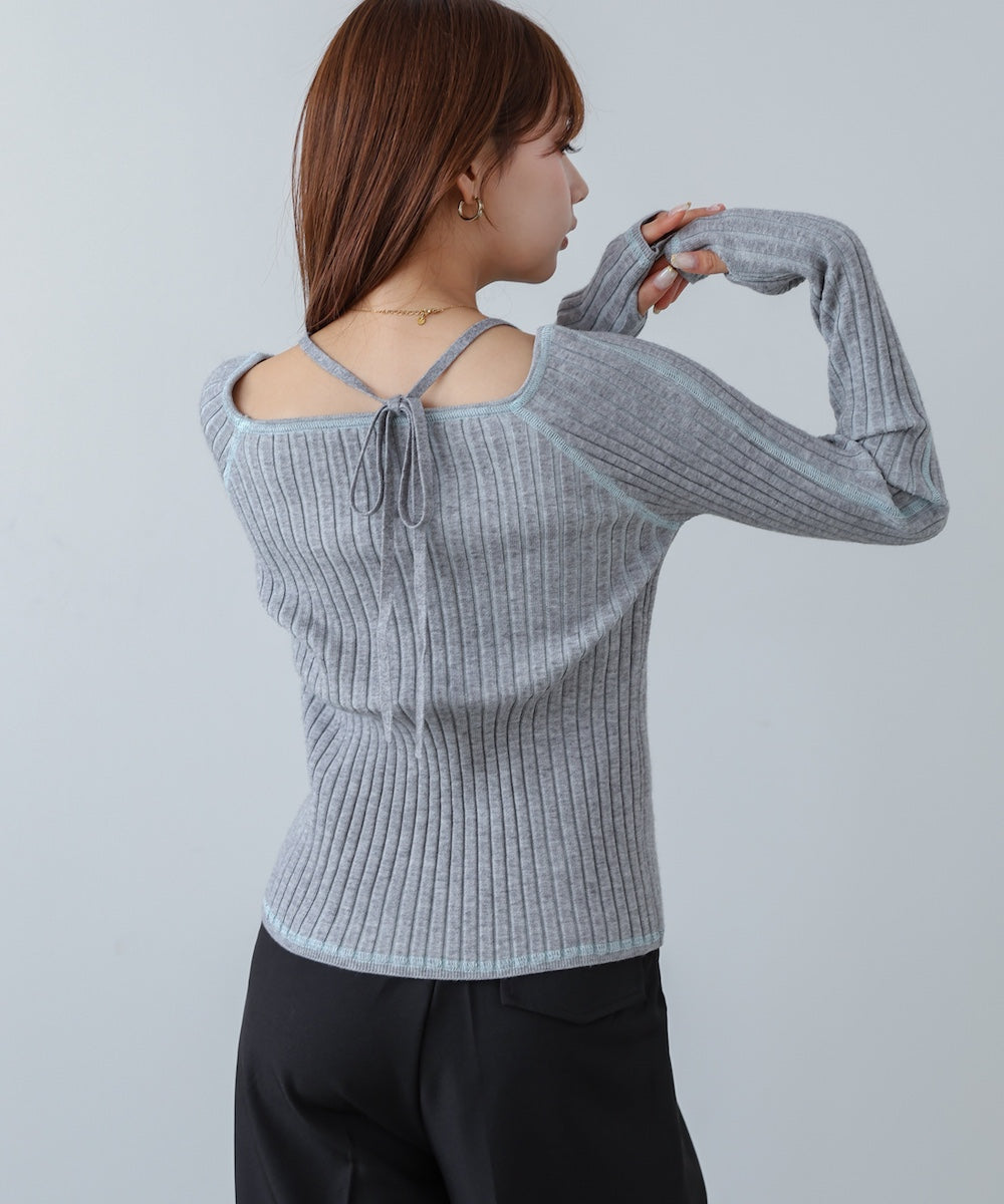配色ステッチスクエアネックニットトップス