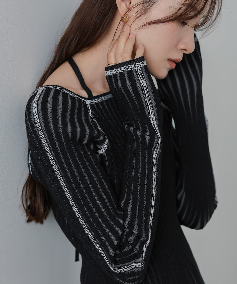 配色ステッチスクエアネックニットトップス