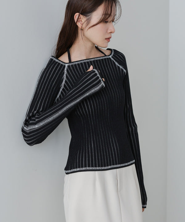 配色ステッチスクエアネックニットトップス