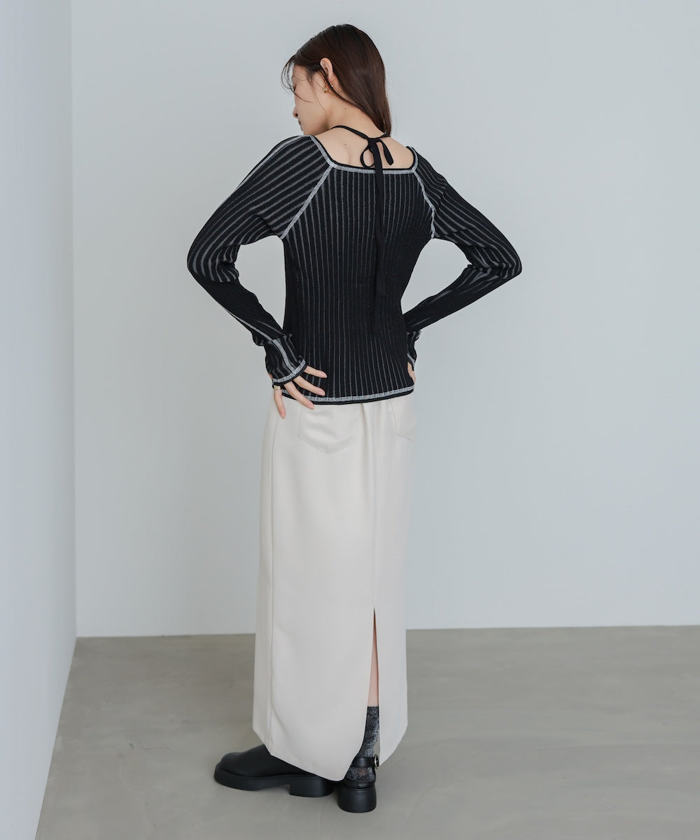 配色ステッチスクエアネックニットトップス