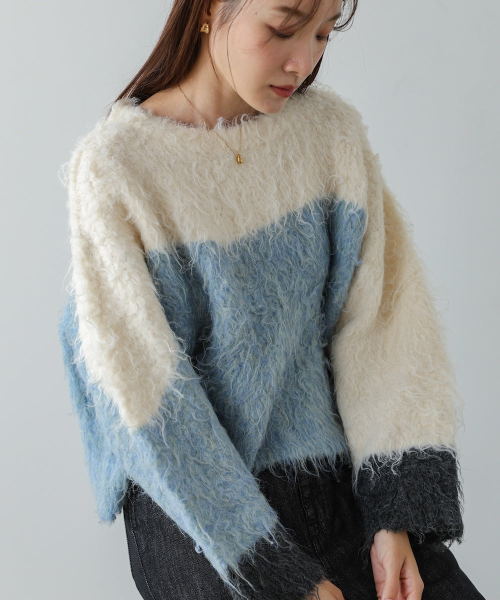 ウェーブ配色ショートニットトップス