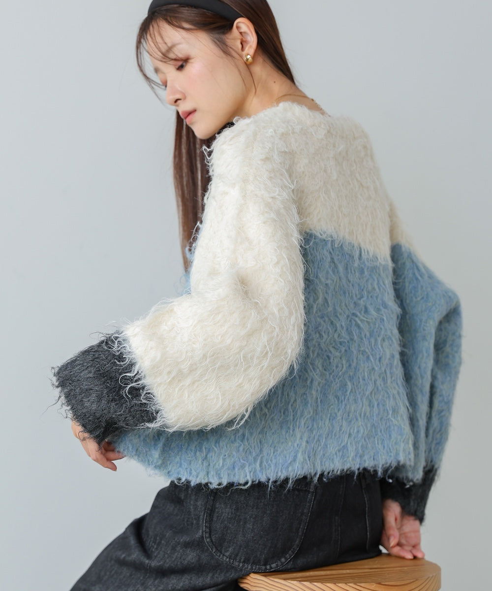 ウェーブ配色ショートニットトップス