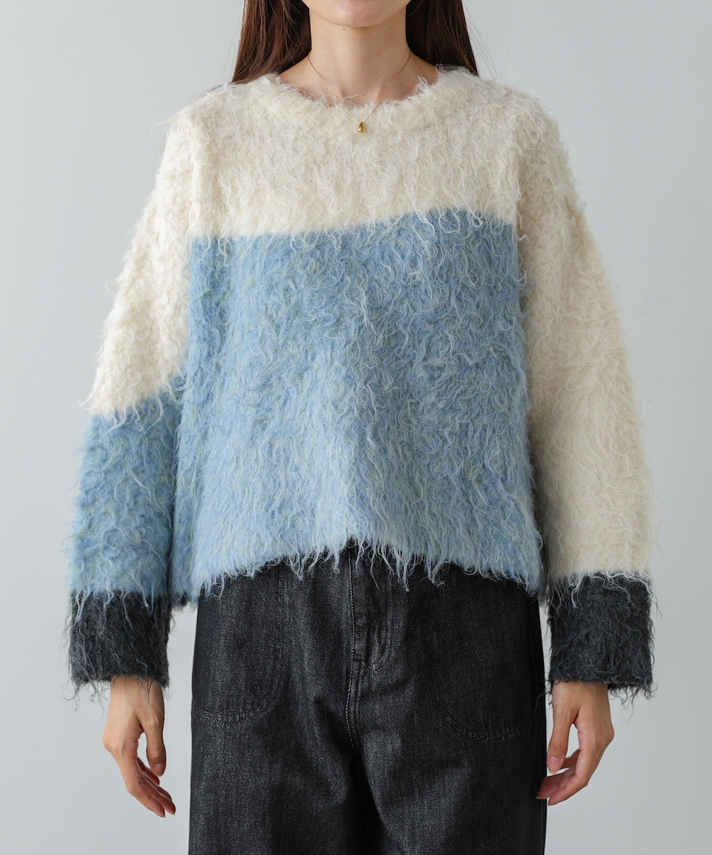 ウェーブ配色ショートニットトップス