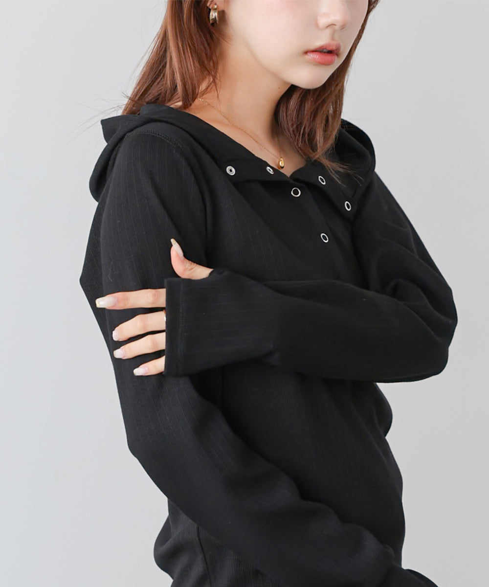 リブフーディーサムホール付カットトップス