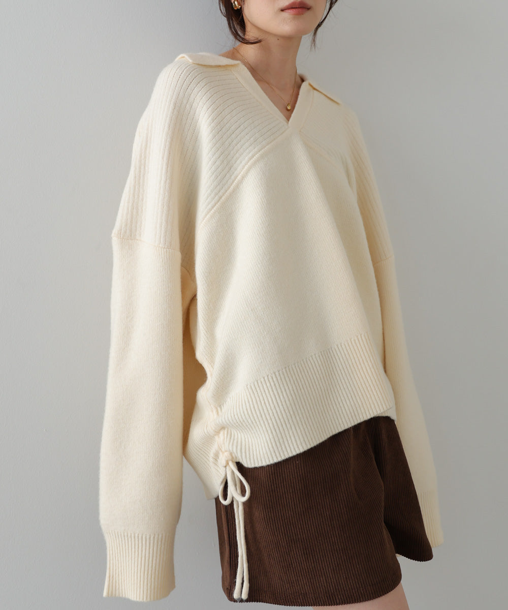 襟付きリブ切替サイドドロストニットトップス