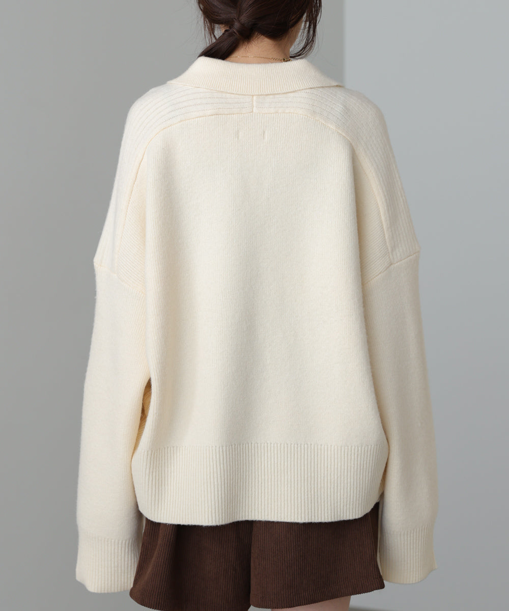 襟付きリブ切替サイドドロストニットトップス