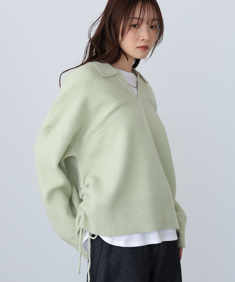襟付きリブ切替サイドドロストニットトップス
