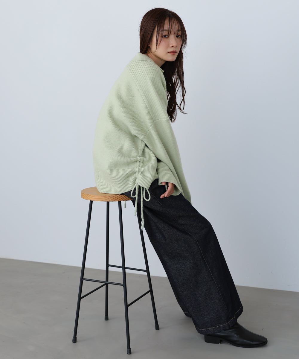 襟付きリブ切替サイドドロストニットトップス