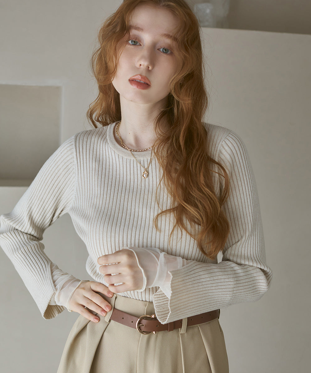 (選べるネック)チュールレイヤードリブニット