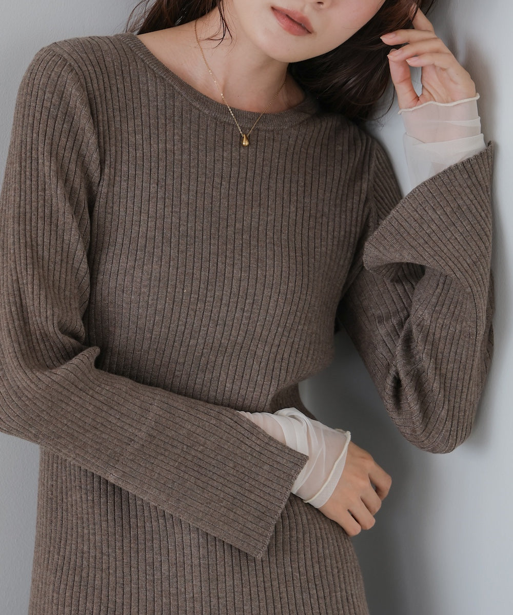 (選べるネック)チュールレイヤードリブニット
