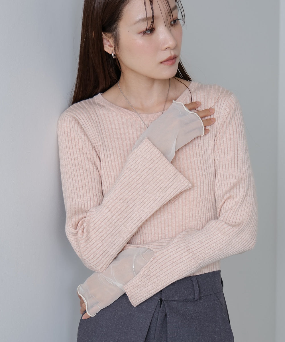 (選べるネック)チュールレイヤードリブニット