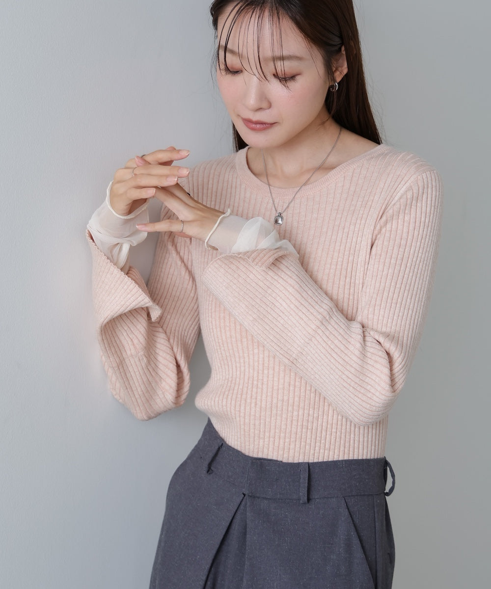 (選べるネック)チュールレイヤードリブニット