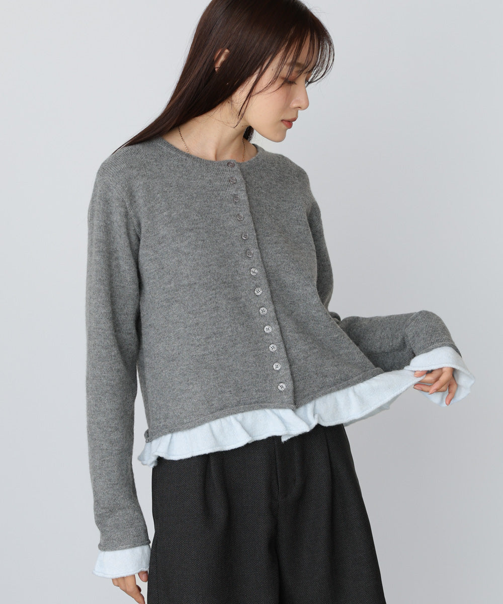 配色フリルニットカーディガン