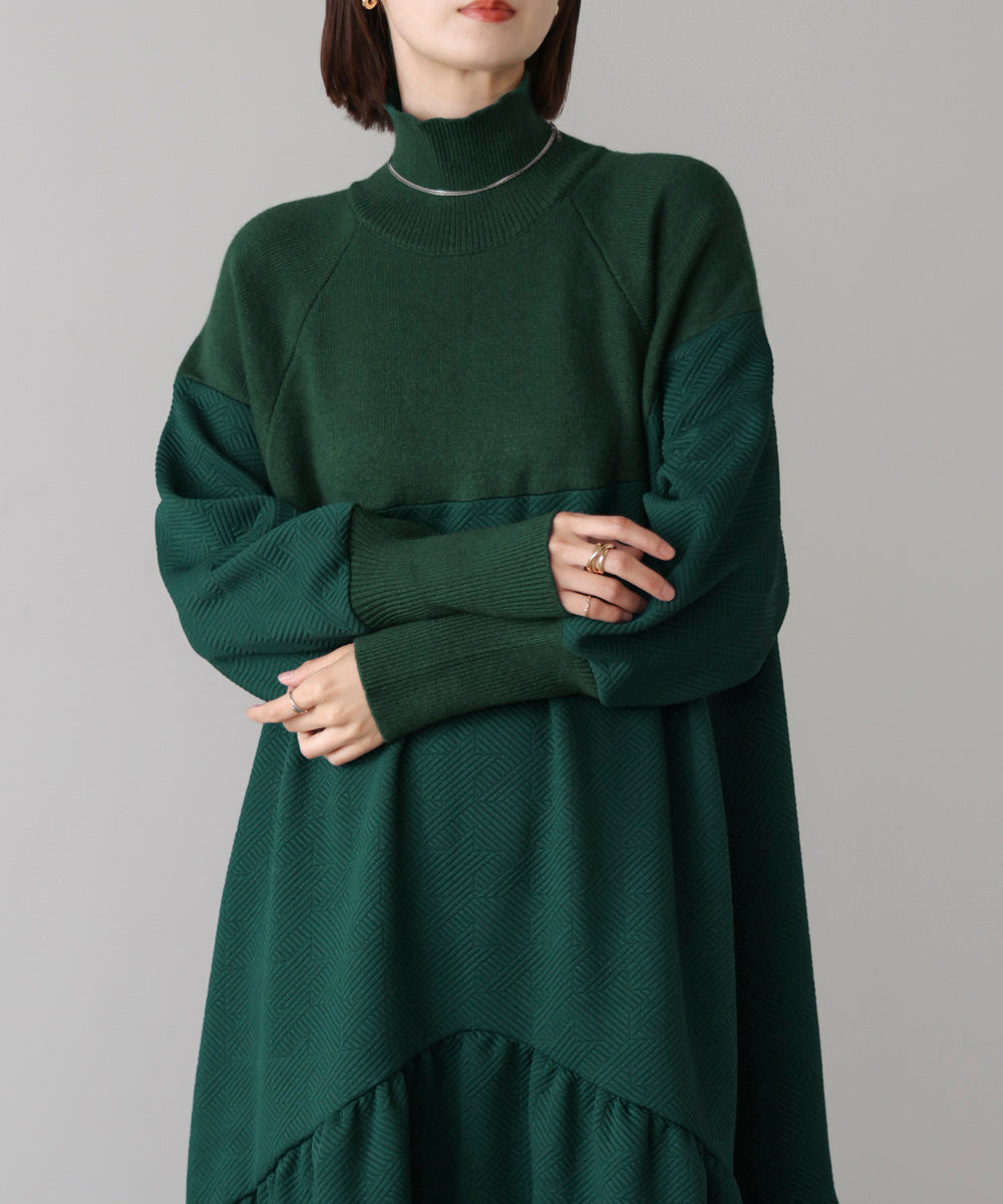 膨れジャガード異素材ニットワンピース