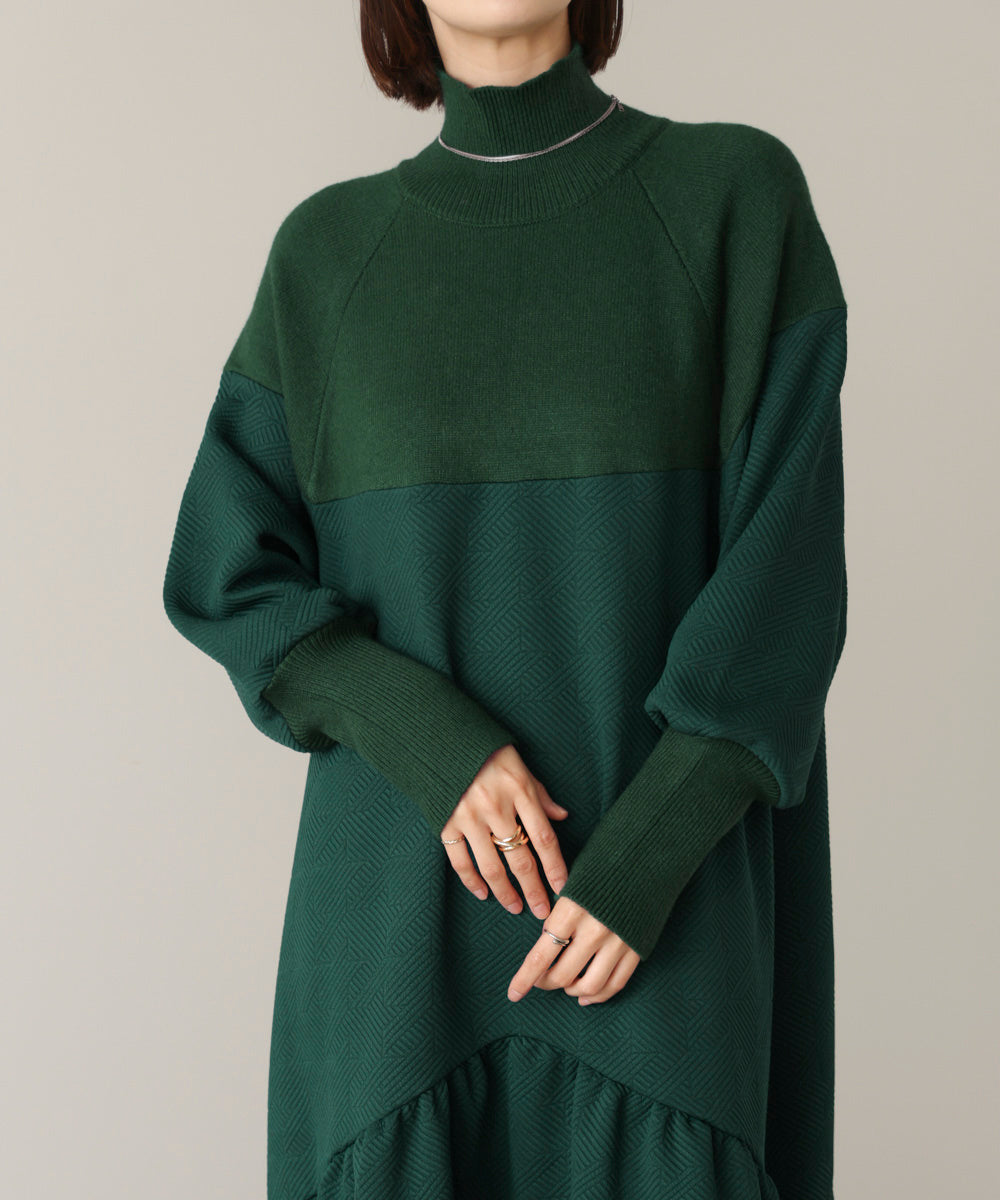 膨れジャガード異素材ニットワンピース