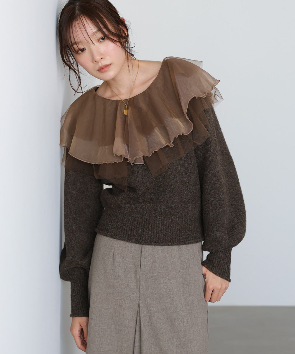 チュールラッフルカラーニットトップス
