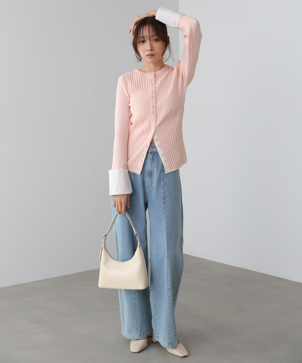 リブシャツ袖ニットカーディガン+リブニットワンピース