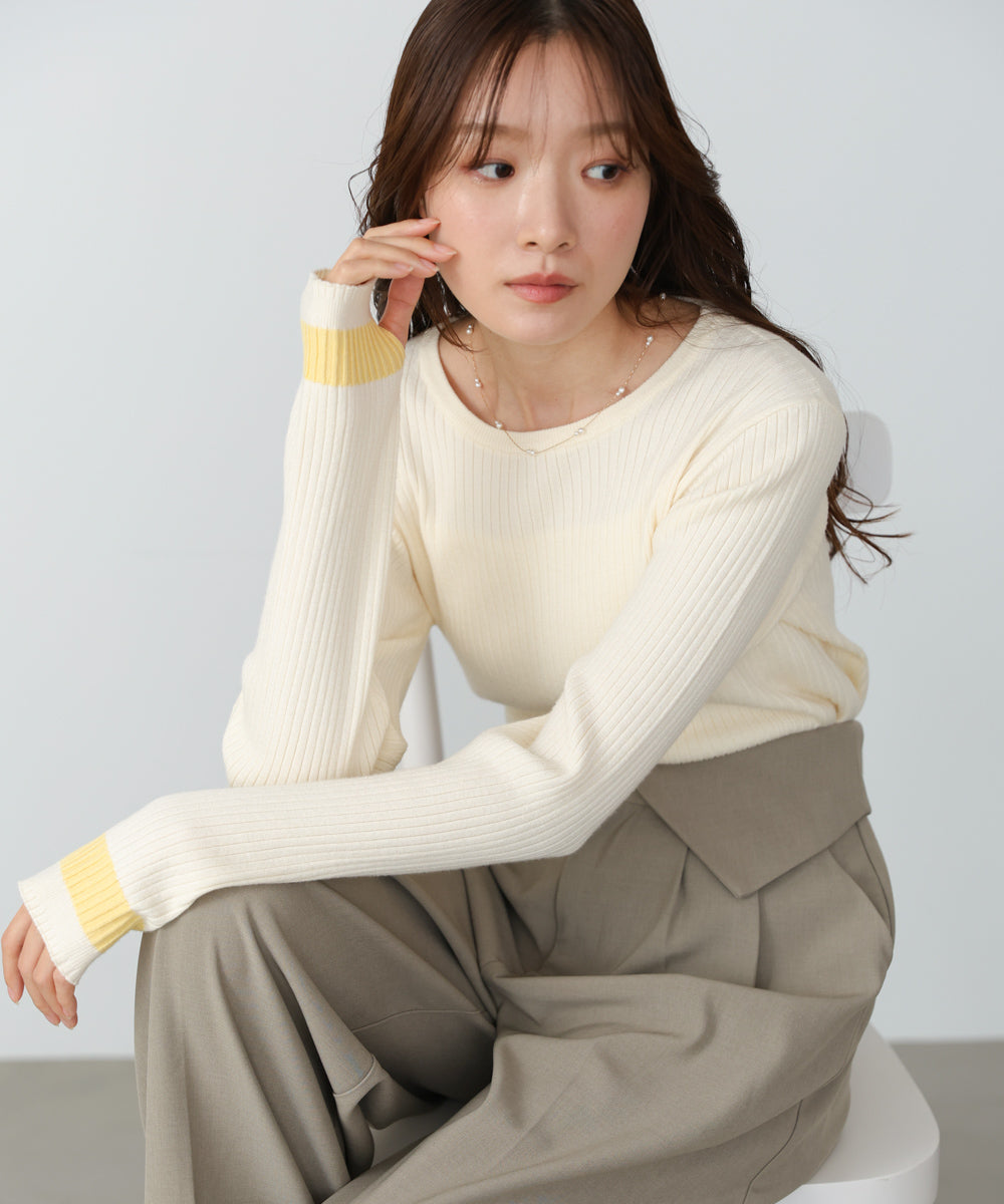 袖配色クルーネックリブニットトップス
