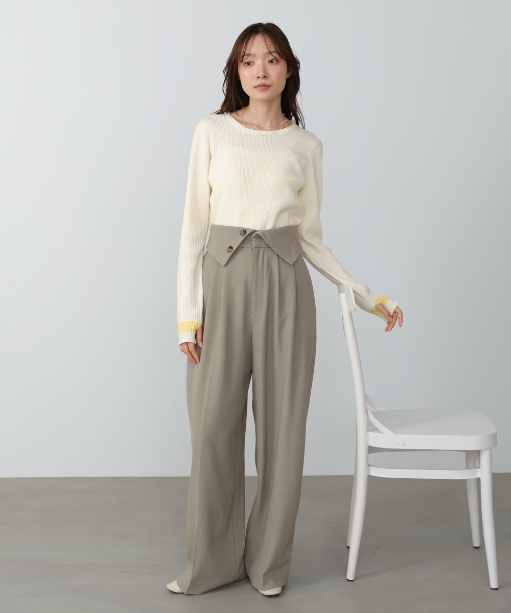 袖配色クルーネックリブニットトップス