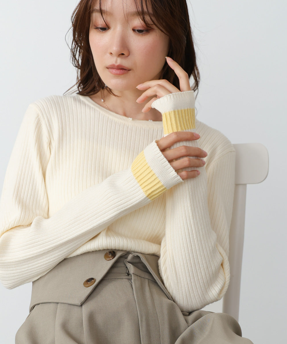 袖配色クルーネックリブニットトップス