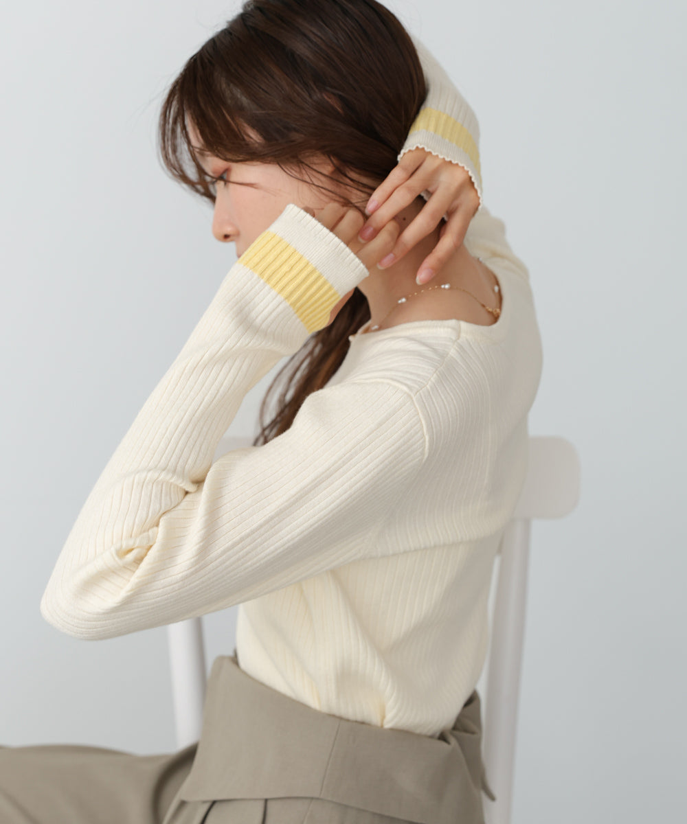 袖配色クルーネックリブニットトップス