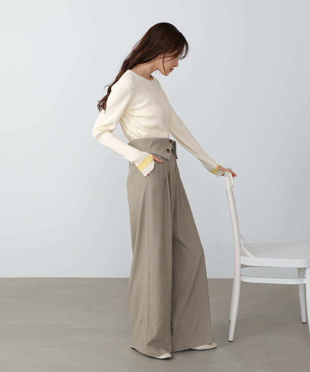 袖配色クルーネックリブニットトップス