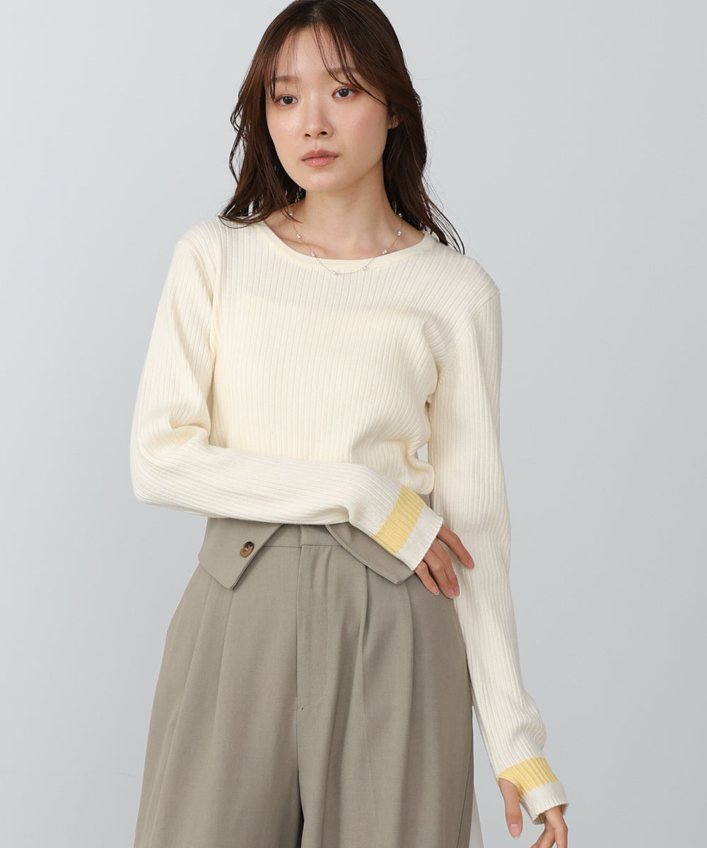 袖配色クルーネックリブニットトップス