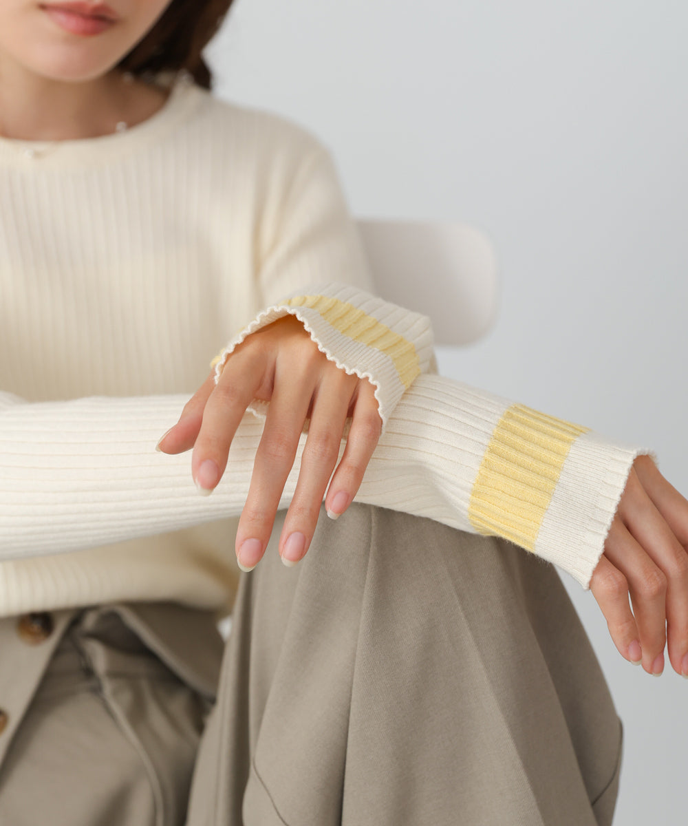 袖配色クルーネックリブニットトップス