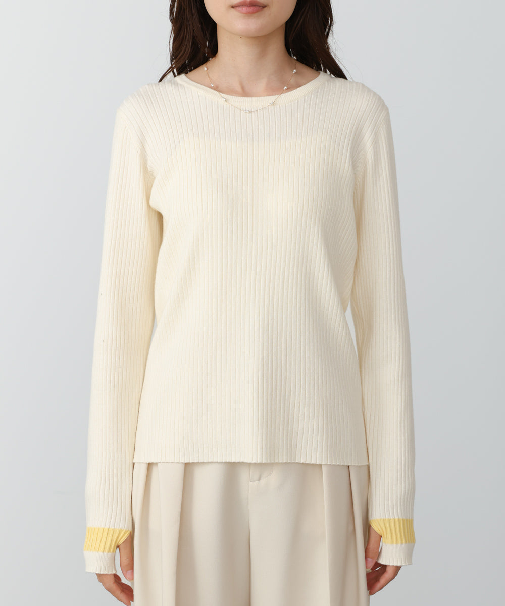 袖配色クルーネックリブニットトップス