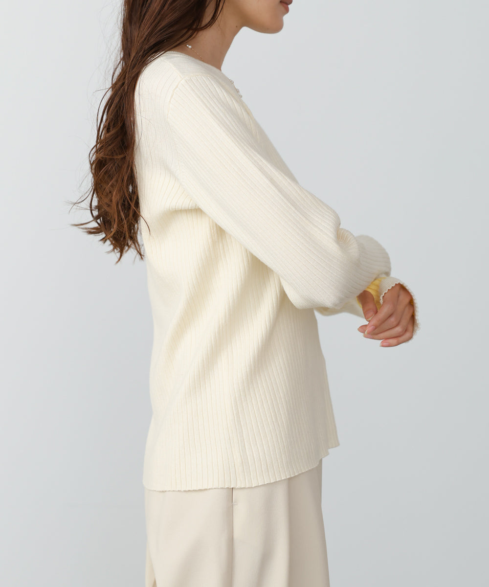 袖配色クルーネックリブニットトップス