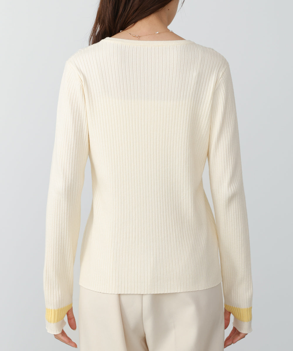 袖配色クルーネックリブニットトップス