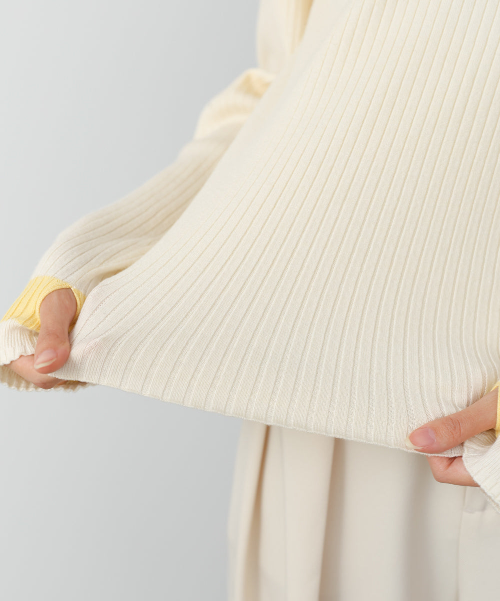 袖配色クルーネックリブニットトップス