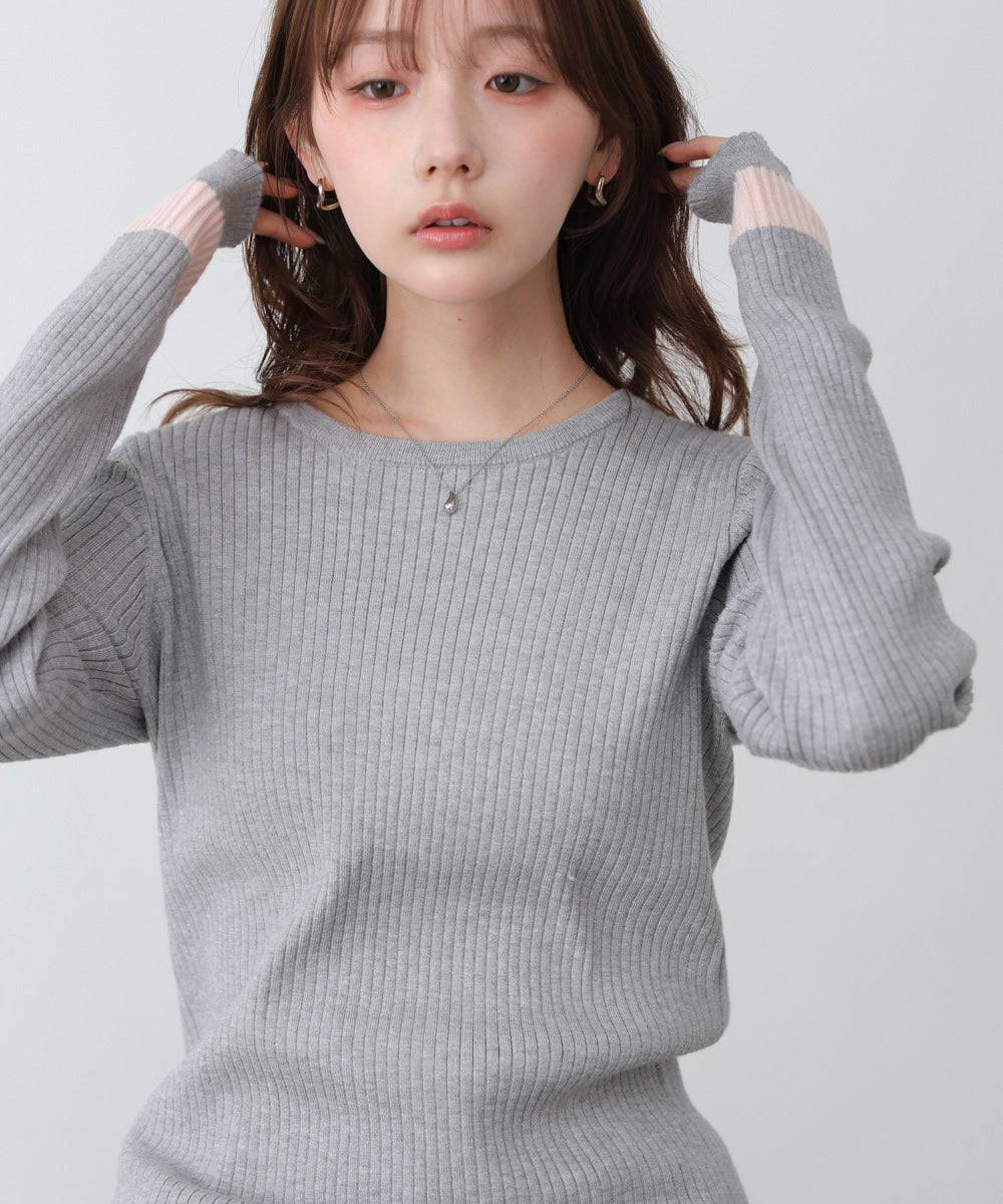 袖配色クルーネックリブニットトップス