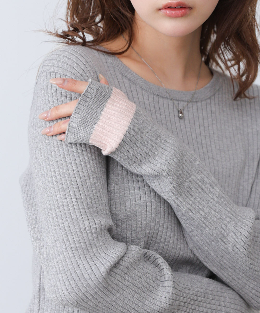 袖配色クルーネックリブニットトップス